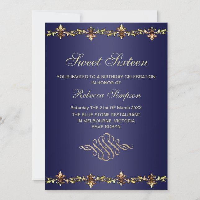 Invitation d'anniversaire Bleu Royal et Feuille d' (Devant)