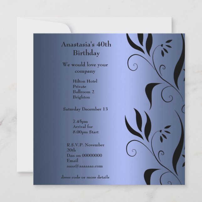 Invitation d'anniversaire bleue avec motif floral  (Devant)