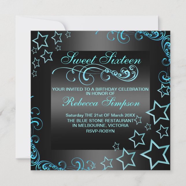 Invitation d'anniversaire Blue/Black Sweet16 Star  (Devant)