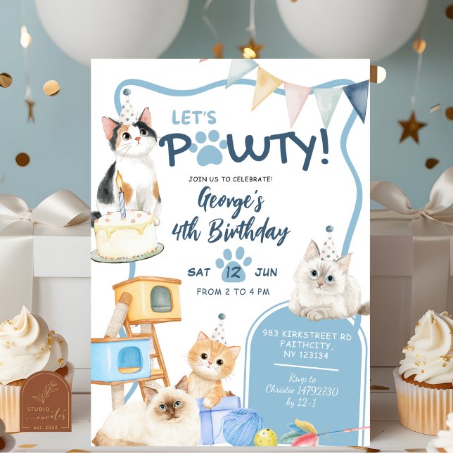 Invitation d'anniversaire Blue Cat let's Pawty Boy (Créateur téléchargé)