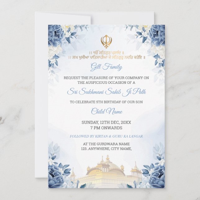 Invitation d'anniversaire Blue Floral Sukhmani Sah (Devant)