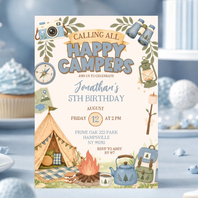 Invitation d'anniversaire Blue Happy Campers (Créateur téléchargé)