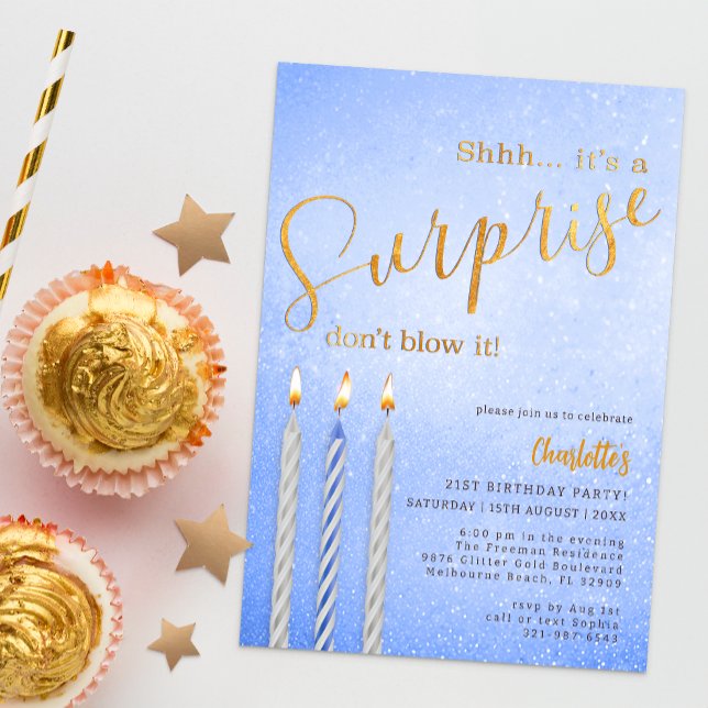 Invitation d'anniversaire Blue Surprise - Bougie d (Surprise Birthday Party Invitation)