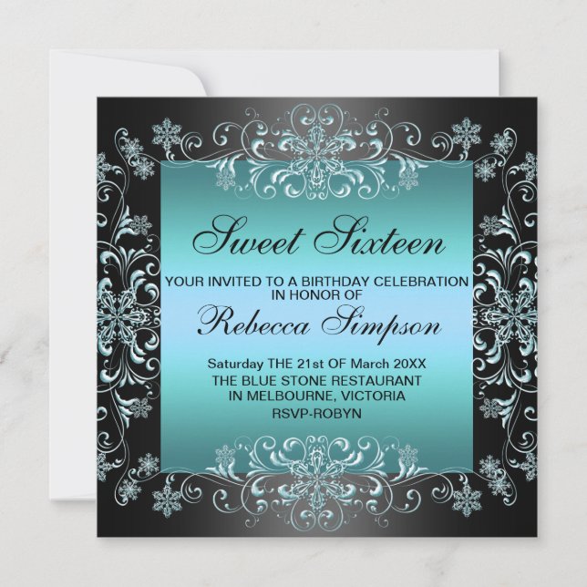 Invitation d'anniversaire Blue Sweet16 Snow Dust (Devant)