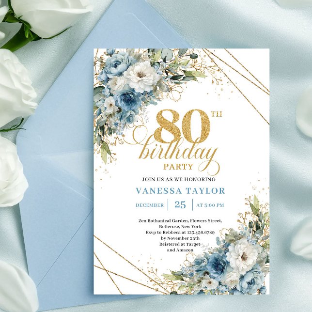 Invitation d'anniversaire bohème 80 ans aquarelle  (Bohemian 80th Birthday Invite Watercolor Flowers)
