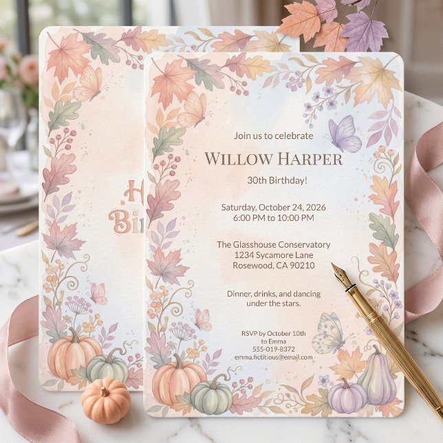 Invitation d'anniversaire Boho Automne (Custom watercolor detailed pumpkin and leaf invitations for your special day.)