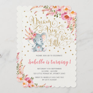 Invitation d'anniversaire Boho Elephant Dream Big