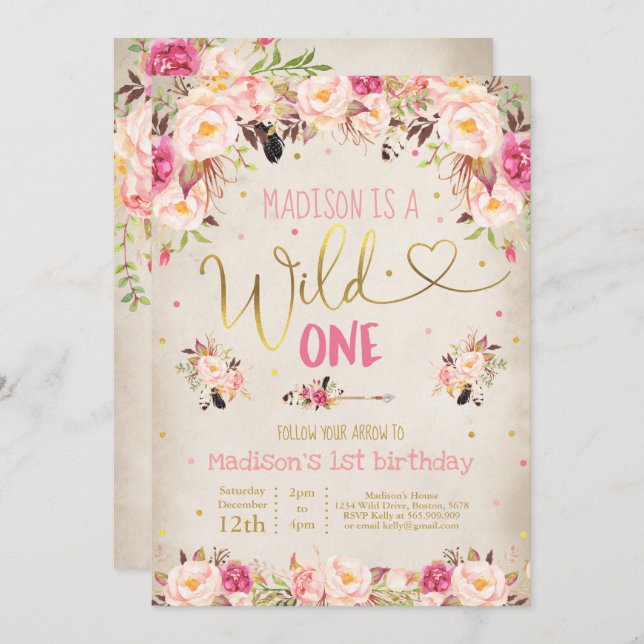 Invitation d'anniversaire Boho Wild One Watercolor (Devant / Derrière)
