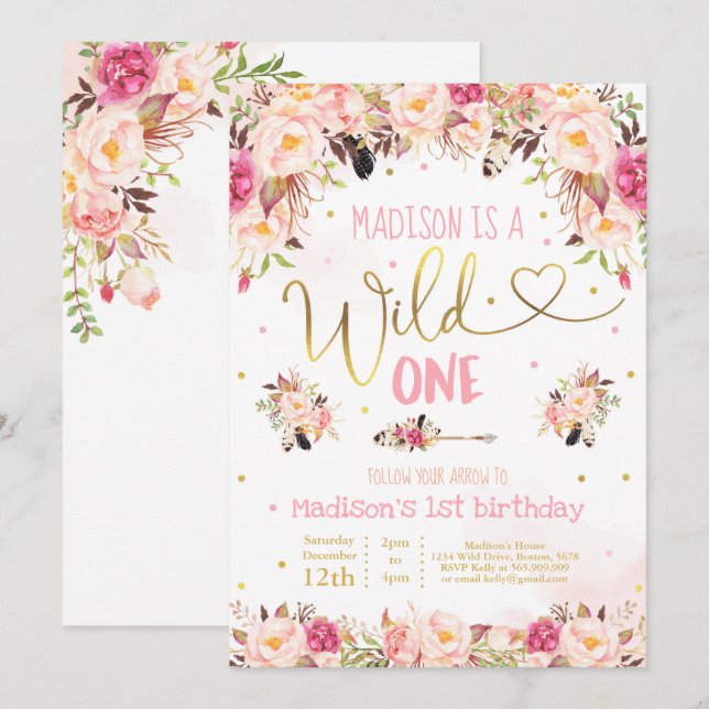 Invitation d'anniversaire Boho Wild One Watercolor (Devant / Derrière)