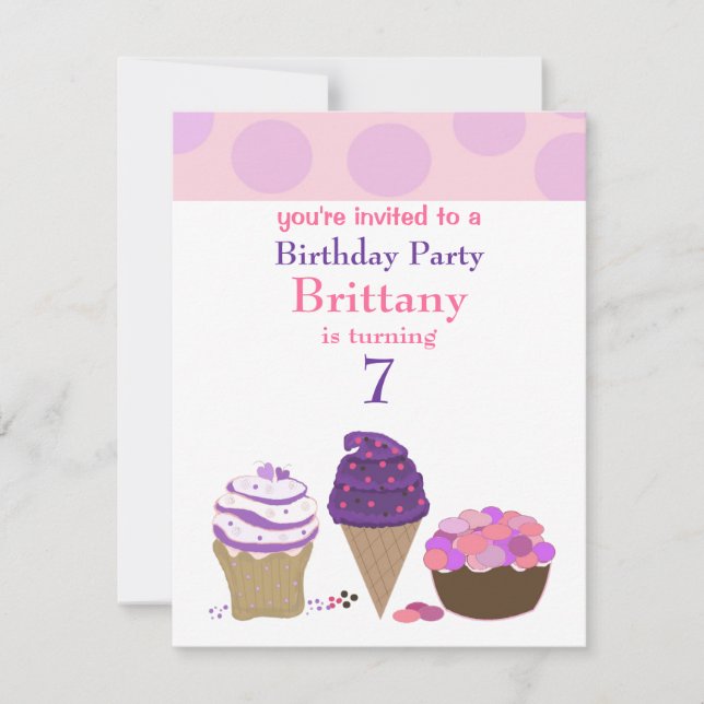 Invitation d'anniversaire Bonbons roses et violets (Devant)