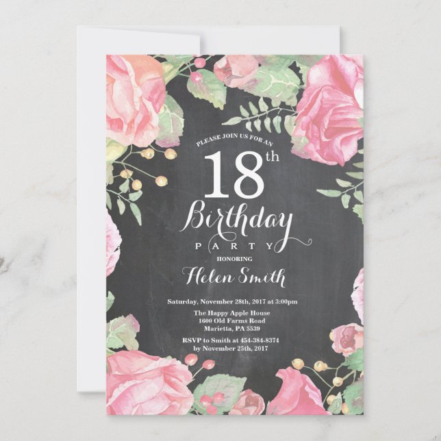 Invitation d'anniversaire botanique florale 18 ans (Devant)