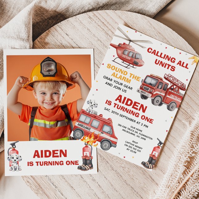 Invitation d'anniversaire Boys Red Rescue Calling  (Calling All Units Invitation, Fire Truck Birthday Invitation, Emergency Squad Invitation, Alarm)