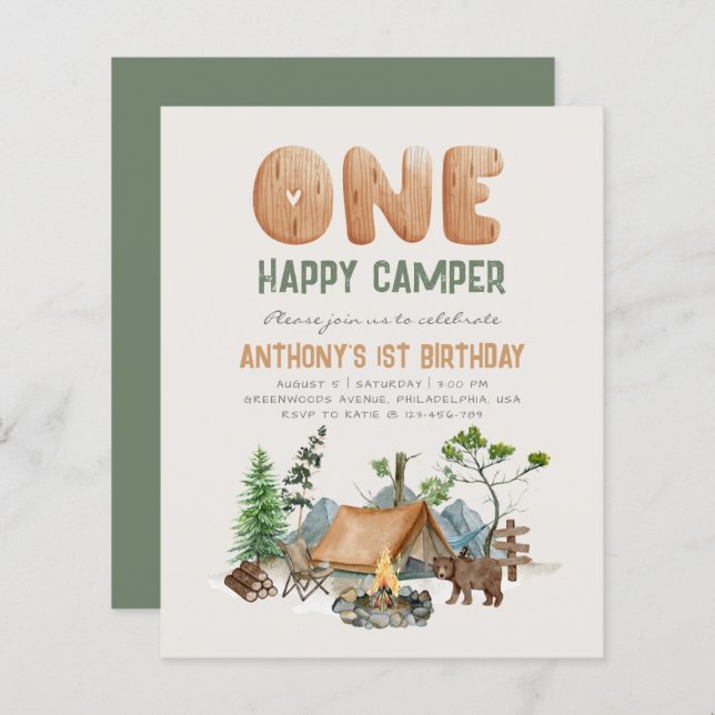 Invitation d'anniversaire Budget One Happy Camper  (Devant / Derrière)