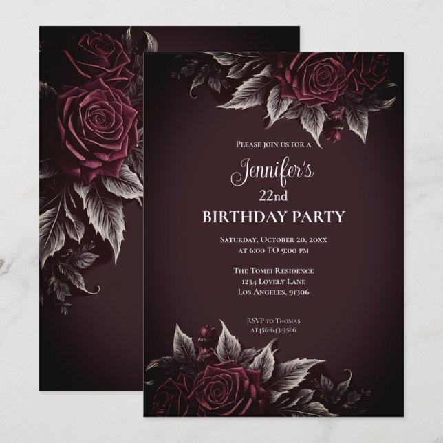Invitation d'anniversaire burgundy florale gothiqu (Devant / Derrière)