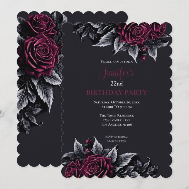 Invitation d'anniversaire burgundy florale gothiqu (Devant / Derrière)