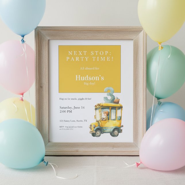 Invitation d'anniversaire Bus • Fête d'enfants (Yellow bus birthday invitation in wooden frame with pastel balloons on light wall.)