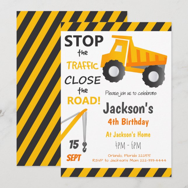 Invitation d'anniversaire camion à benne de constr (Devant / Derrière)