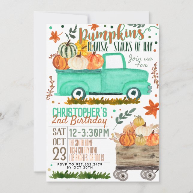 Invitation d'anniversaire camion de citrouille (Devant)