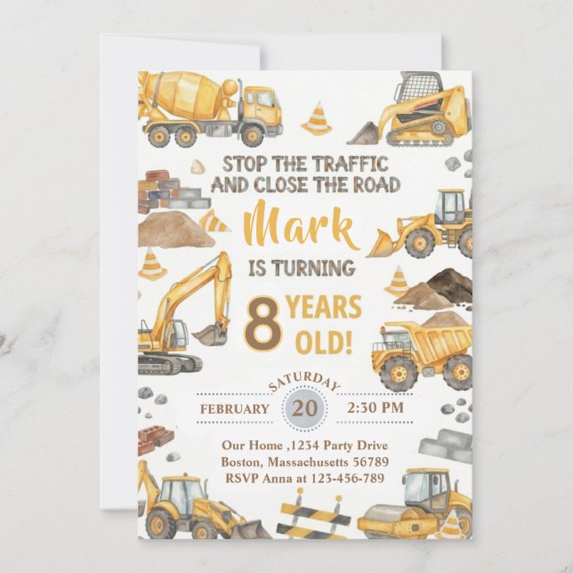 Invitation d'anniversaire camion de construction j (Devant)
