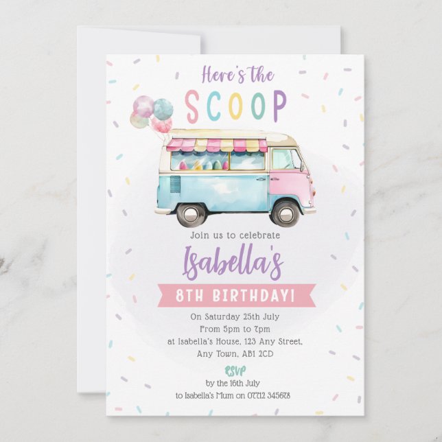 Invitation d'anniversaire camion de glace - Voici  (Devant)