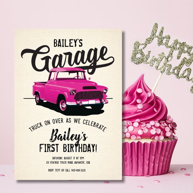 Invitation d'anniversaire camionnette vintage rose (Cute Pink Vintage Truck Birthday Invitation)