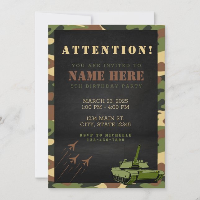 Invitation d'anniversaire camouflage de l'armée |  (Devant)