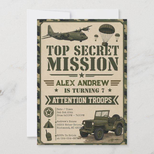 Invitation d'anniversaire camouflage militaire per (Devant)