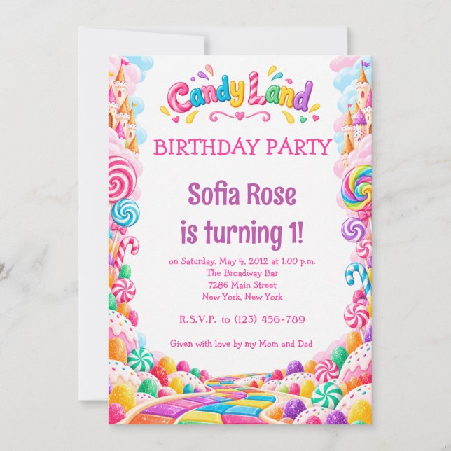 Invitation d'anniversaire Candyland Candy First Bi (Devant)