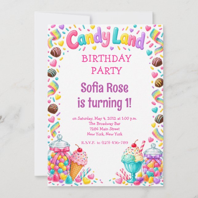 Invitation d'anniversaire Candyland Candy premier  (Devant)
