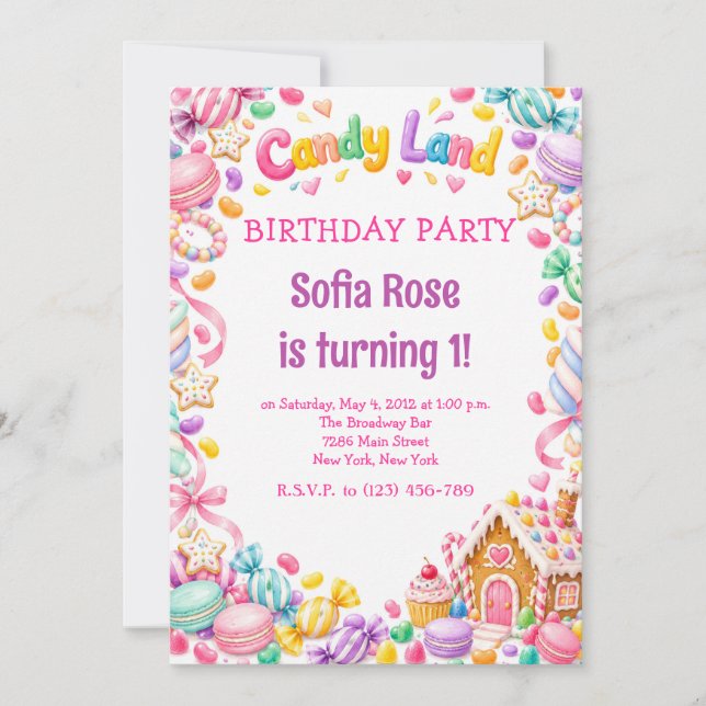 Invitation d'anniversaire Candyland Candy premier  (Devant)