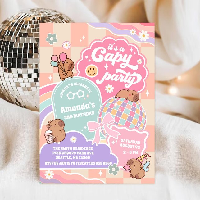Invitation d'anniversaire Capy Party Rétro Groovy  (Créateur téléchargé)
