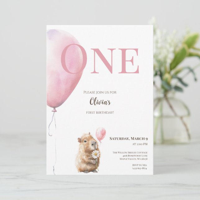 Invitation d'anniversaire Capybara • Ballon Rose (Debout devant)