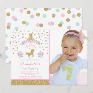 Invitation d'anniversaire Carousel Monnaie rose fl