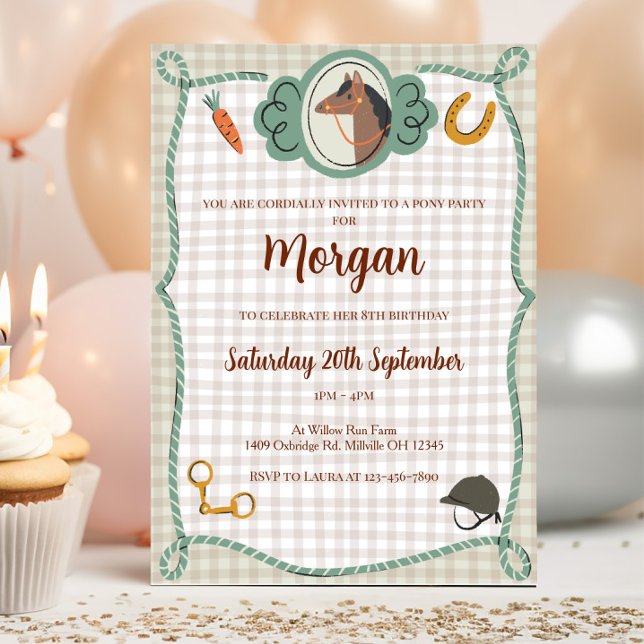 Invitation d'anniversaire carreaux Poney (Créateur téléchargé)