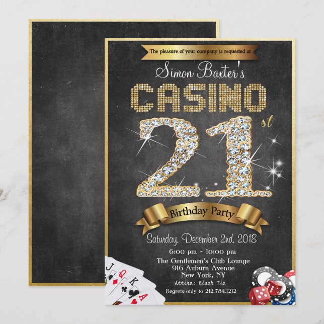 Invitation d'anniversaire Casino 21ème Diamant Or (Devant / Derrière)