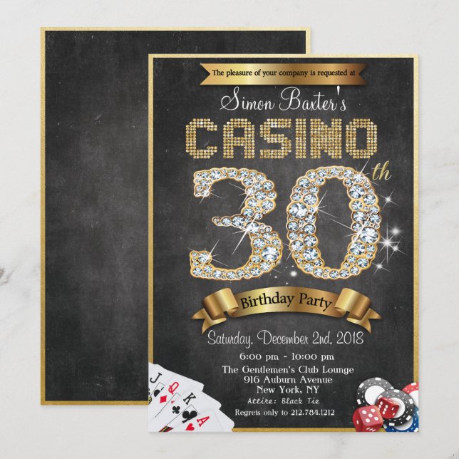 Invitation d'anniversaire Casino 30ème Diamant Or (Devant / Derrière)