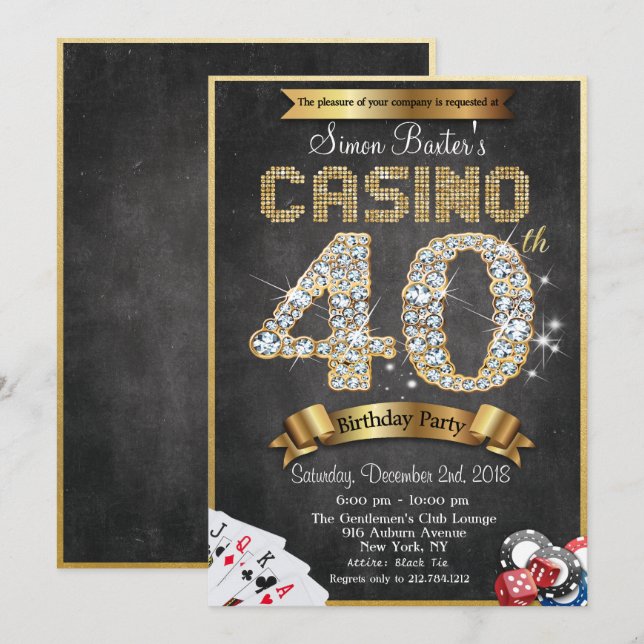 Invitation d'anniversaire Casino 40ème Diamant Or (Devant / Derrière)