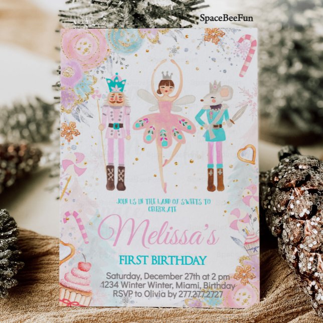 Invitation d'anniversaire Casse-Noisette Fille au  (Nutcracker Birthday Invitation Girl Land of Sweets Invite Winter Sugar Plum Fairy Magical day)