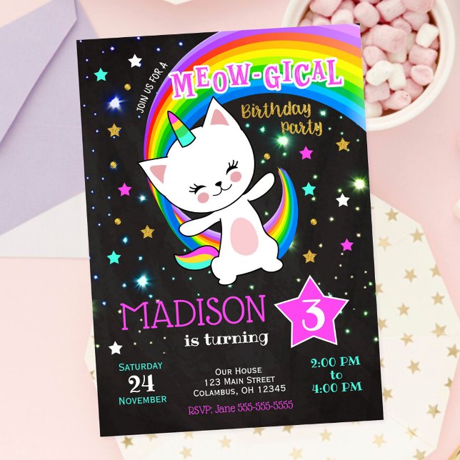 Invitation d'anniversaire Caticorn, Chat Arc-en-ci (Créateur téléchargé)