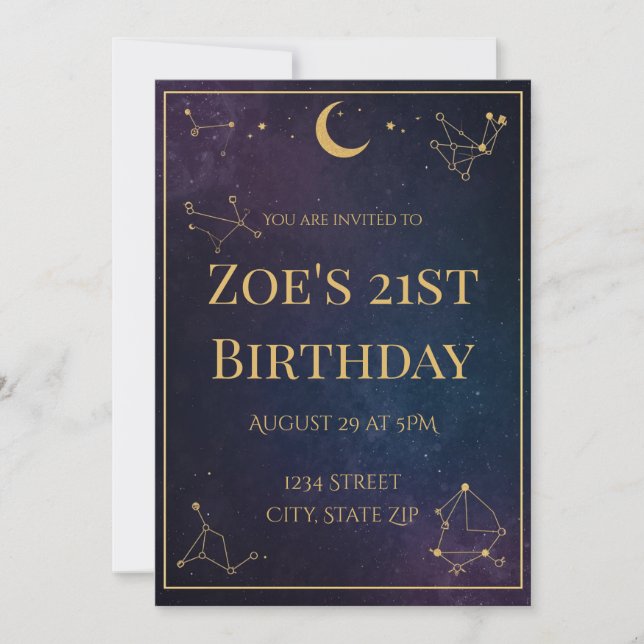 Invitation d'anniversaire céleste 21 ans | Étoiles (Devant)