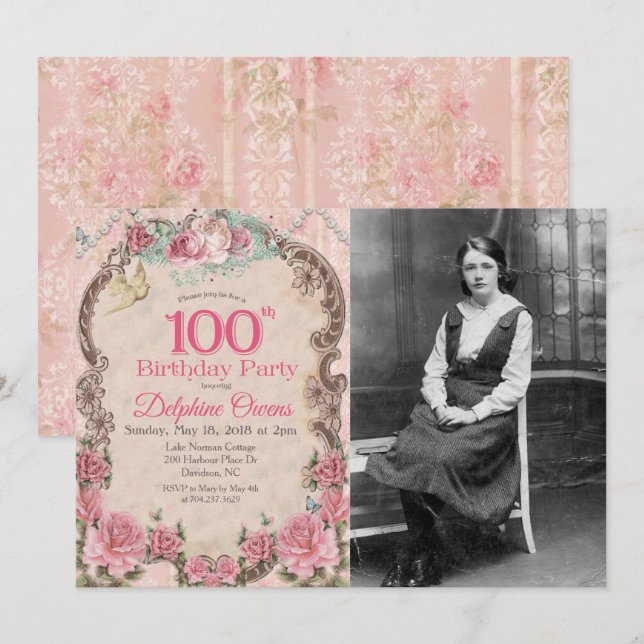 Invitation d'anniversaire centenaire 100e vintage (Devant / Derrière)