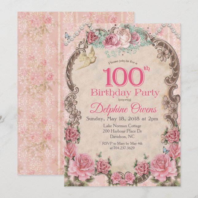 Invitation d'anniversaire centenaire 100e vintage (Devant / Derrière)