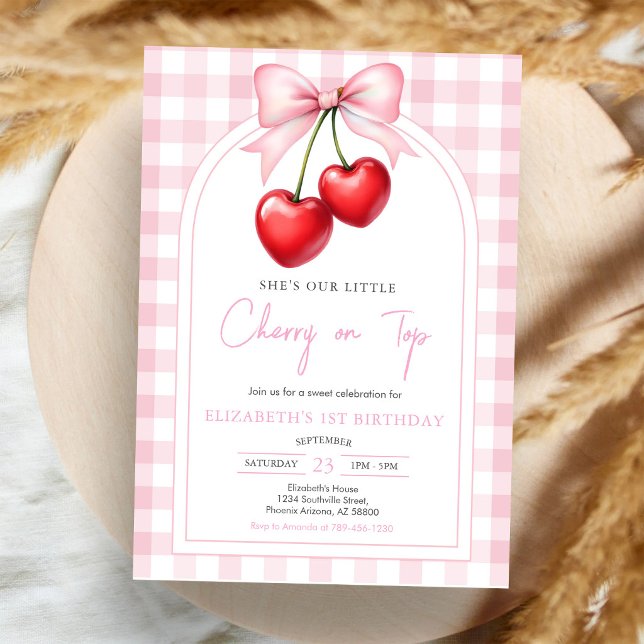 Invitation d'anniversaire Cerise à ruban rose Coqu (Créateur téléchargé)