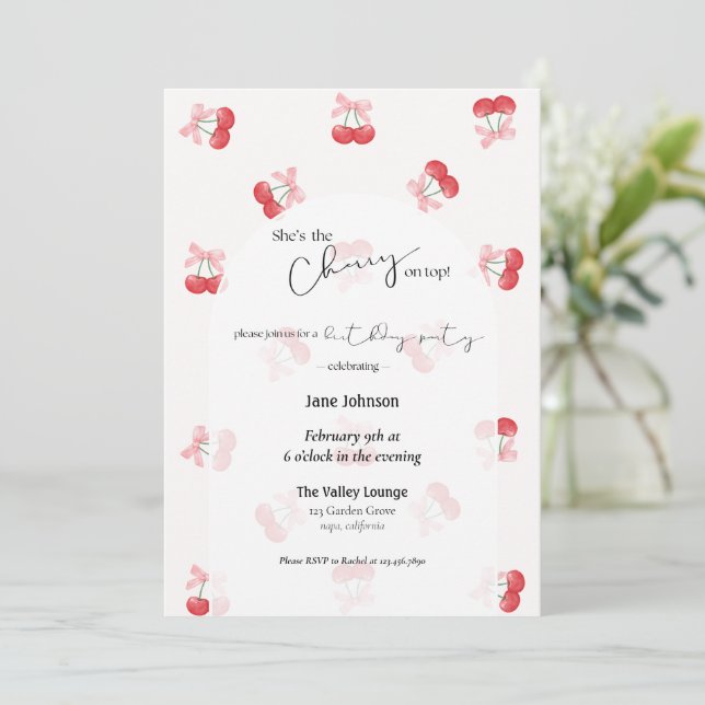 Invitation d'anniversaire Cerises et rubans Cherry (Debout devant)
