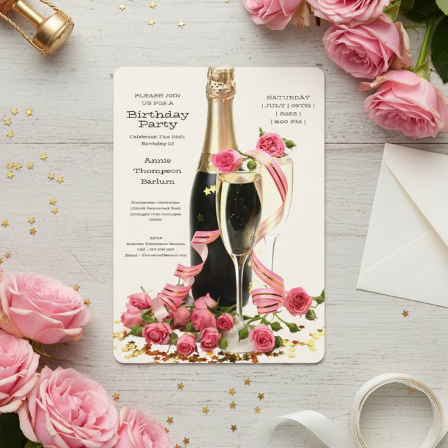 Invitation d'anniversaire Champagne et Rose (Champagne and Roses Birthday Invitation)