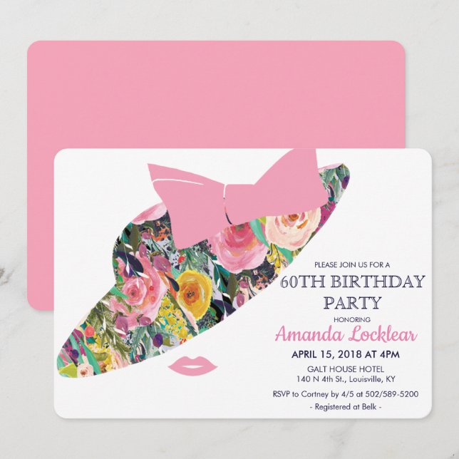 Invitation d'anniversaire chapeau floral - TOUT ÂG (Devant / Derrière)