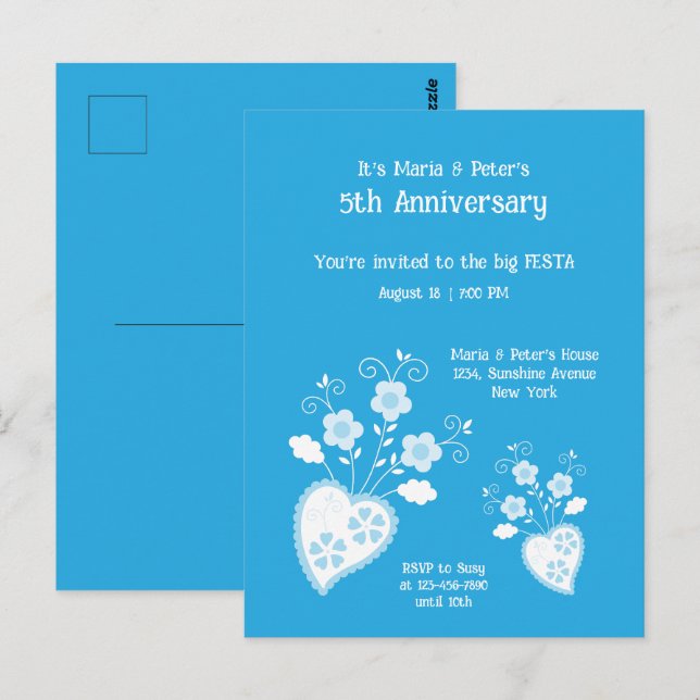 Invitation d'anniversaire charmante avec fleur ble (Devant / Derrière)