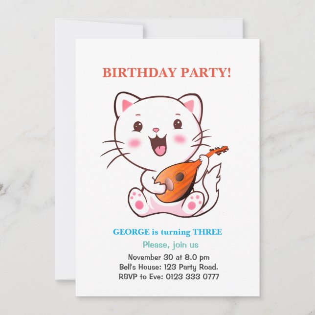 Invitation d'anniversaire Chat Mignon & Ballons Mu (Devant)