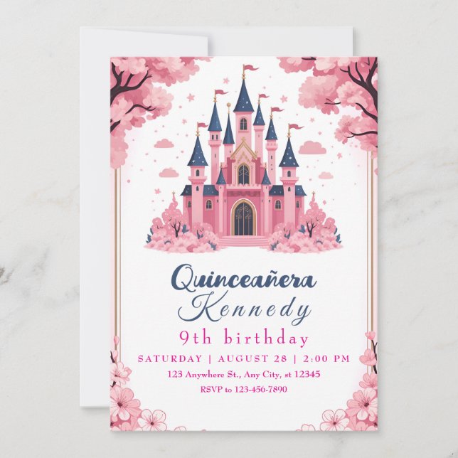 Invitation d'anniversaire Château de Princesse Ros (Devant)