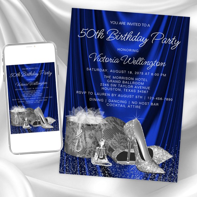 Invitation d'anniversaire chaussure argentée bleue (Royal blue silver any event invitation. Instant download and printed invitations available.)